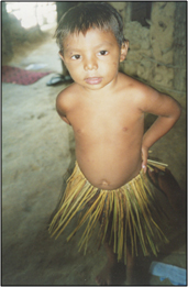 Image of a young Jenipapo-Kanindé boy showing off his grass skirt prior to a community dance