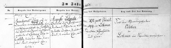 Bernhard Dieg + Auguste Schade Marriage Record 19 Oct 1862 Rositz