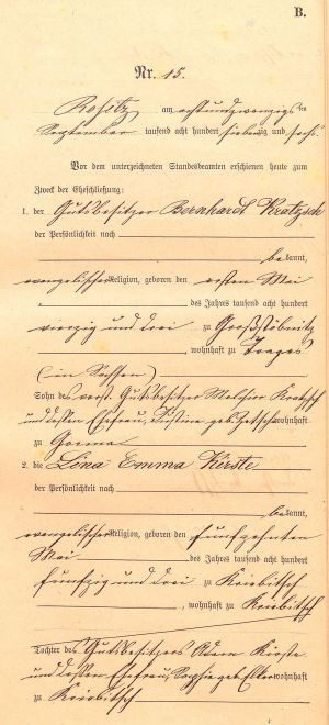Bernhardt Kratzsch + Lina Emma Kirste - Marriage Record 28 Sep 1876