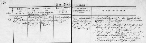 Christine Kratsch -Birth Record 8 Aug 1833