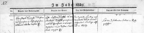 Christoph Kirmse + Justine Kratsch - Marriage Record 7 Jul 1829