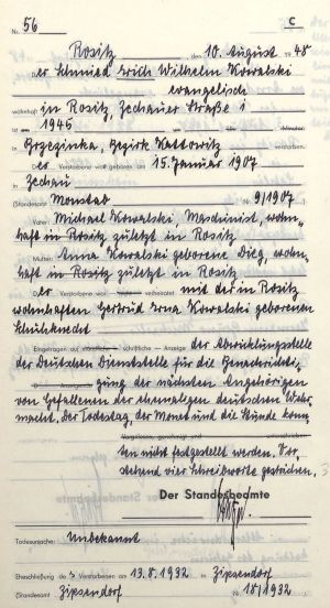 Erich Wilhelm Kowalski - Death Record 1945