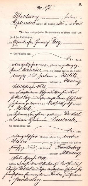 Heinrich Dieg + Johanne (Reichel) Ernestine - Marriage Record 7 Sep 1893