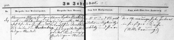 Hermann Illgen + Johanne Sophie Kratsch - Marriage Record 19 Jul 1846