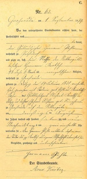 Hermann Kratsch- Death Record 30 Aug 1879