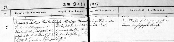 Johann Julius Kratsch + Alwine Rauschenbach - Marriage Record 1857