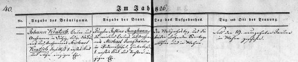 Johann Kratsch + Justine Junghanns - Marriage Record 19 Jan 1826
