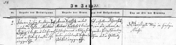 Johann Zeissig + Anna Kratsch - Marriage Record 30 May 1833