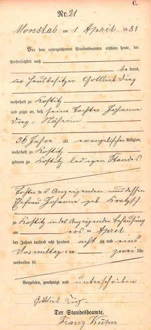 Johanna Dieg - Death Record 1 Apr 1881