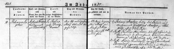 Johanne Sophie Kratsch - Birth Record 19 May 1827