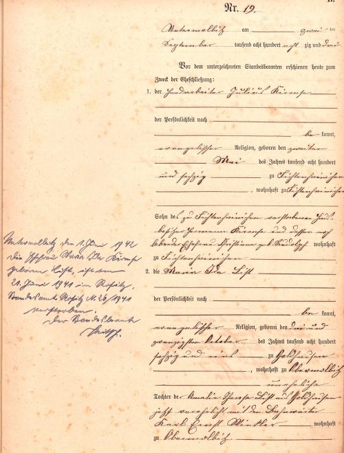 Julius Kirmse + Maria Ida Winkler - Marriage Record 2 Sep 1883