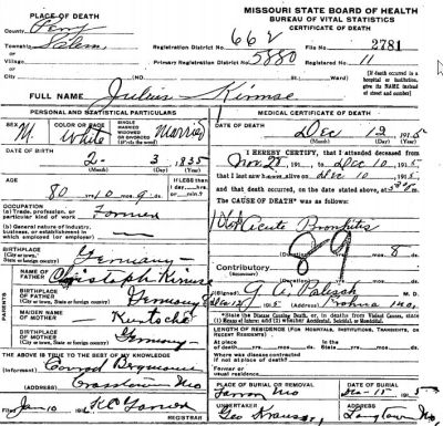 Kirmse, Julius - Death Certificate - 1915