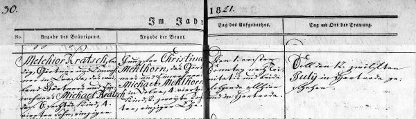 Melchior Kratsch + Christina Mehlhorn - Marriage Record 12 Jul 1821