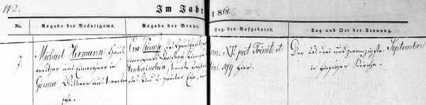 Michael  Hermann + Eva Kirmse - Marriage Record 23 Sept 1861