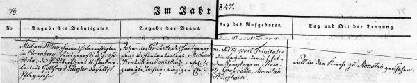 Michael Hiller + Johanne Kratsch - Marriage Record 1847