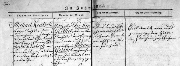 Michael Kratsch + Sophia Geithel - Marriage Record 24 Jan 1822