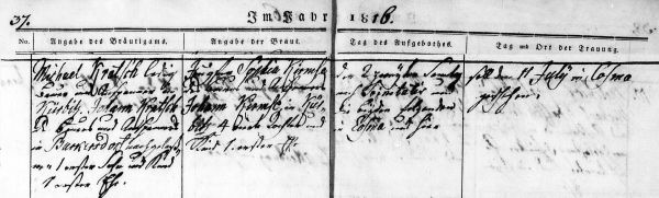 Michael Kratsch + Sophia Kirmse - Marriage Record 1816