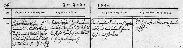 Michael Wiegner + Justine Kirmse - Marriage Record 1842