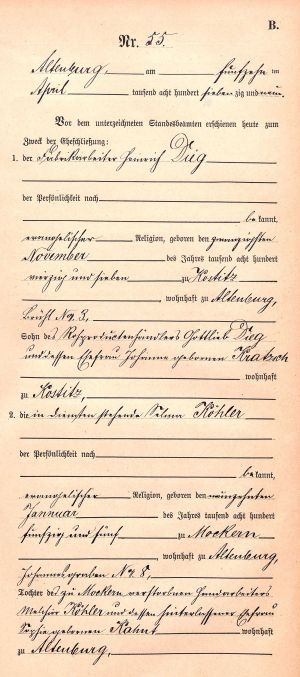 Heinrich Dieg + Selma Röhler- Marriage Record 15 Apr 1879