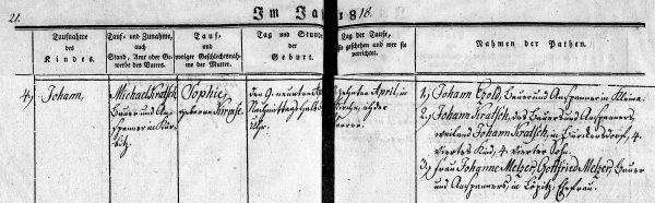 Johann Kratsch - Birth Record 9 Apr 1818
