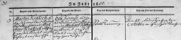 Martin Kratsch + Eva Kirmse - Marriage Record 15 Oct 1821