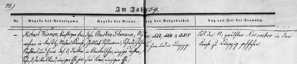 Michael Kirmse + Christine Schumann - Marriage Record 12 Nov 1839