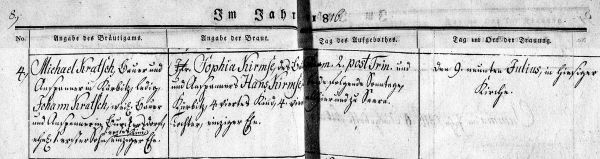 Michael Kratsch + Sophia Kirmse - Marriage Record 1816b