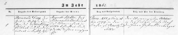 Bernhard Dieg + Auguste Schade - Marriage Record 20 October 1862 Lohma