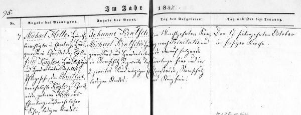 Michael Hiller + Johanne Kratsch- Marriage Record 17 Oct 1847 B