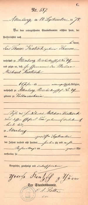 Michael Kratzsch - Death Record 12 Sep 1878