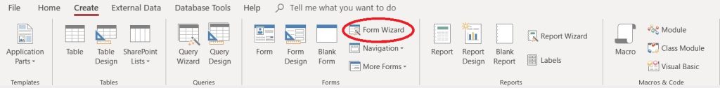 Displaying Microsoft Access - Form Wizard command on