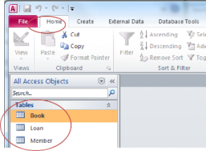Displaying the Access tables in the Home tab.