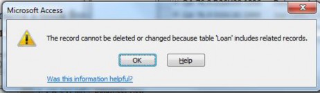 Microsoft Access displays message in dialog box: "The record cannot be deleted or changed because table includes related records."