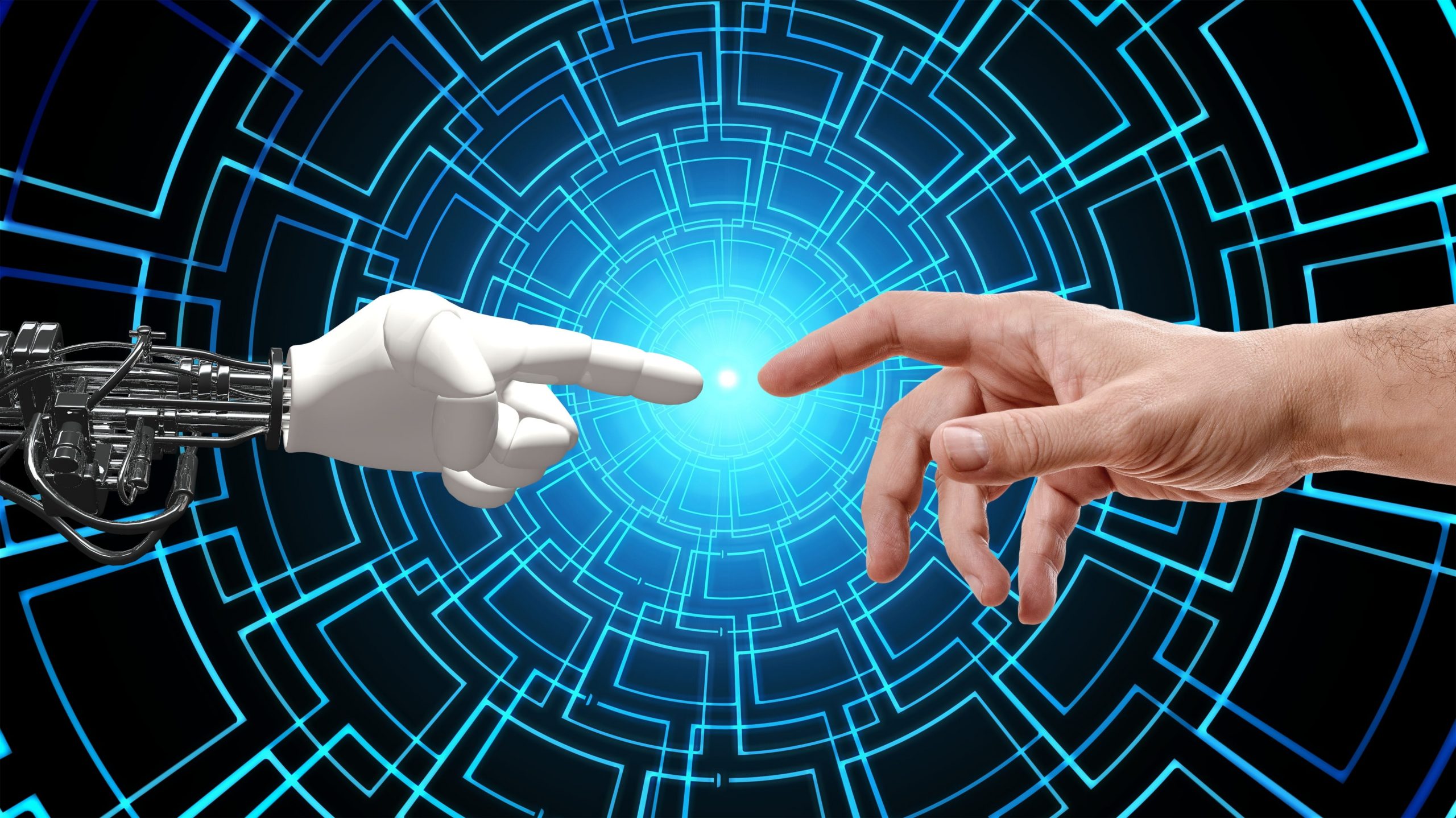 AI Hand and Human Hand with Technology Background