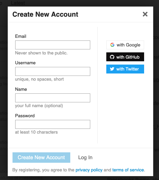 The Create New Account pop up window