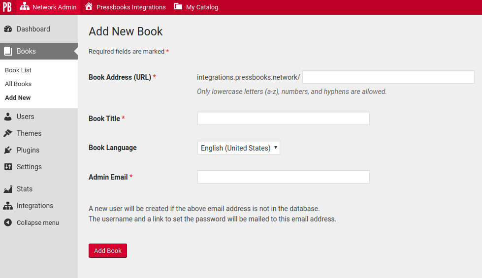 Screenshot showing the Add New Book interface from the Pressbooks Network Manager Dashboard