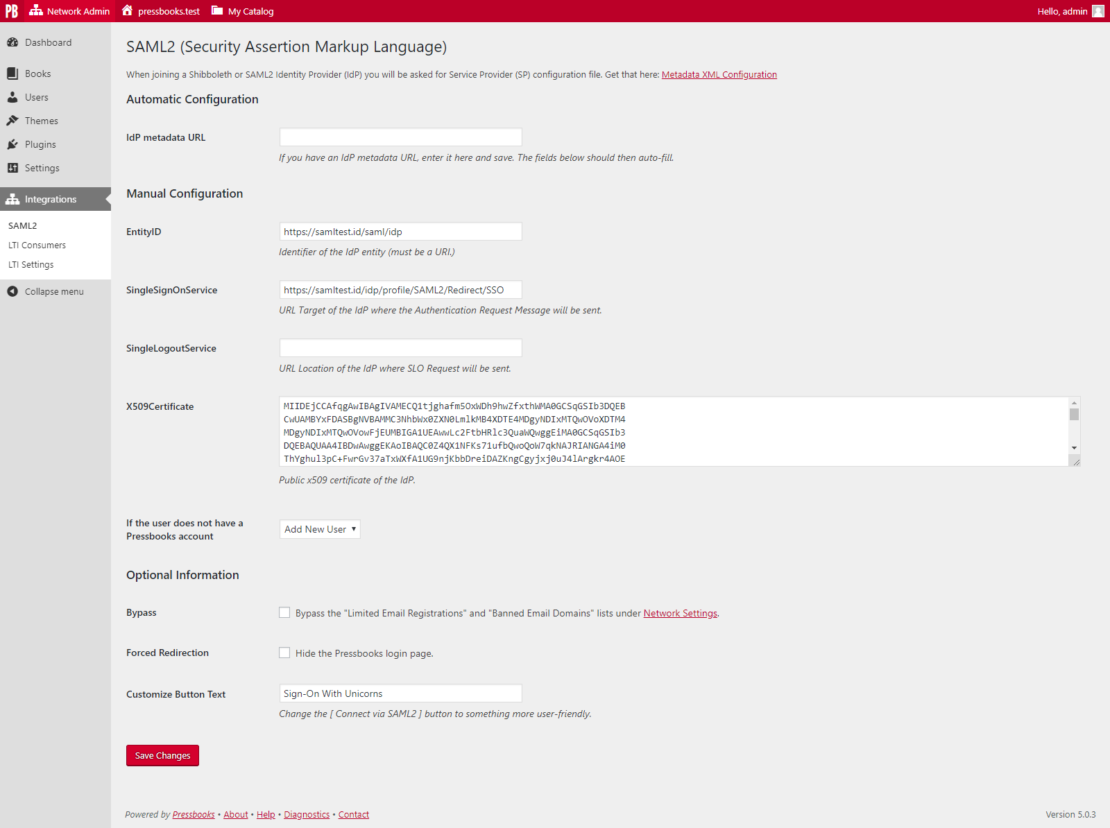 Screenshot of the SAML2 configuration page