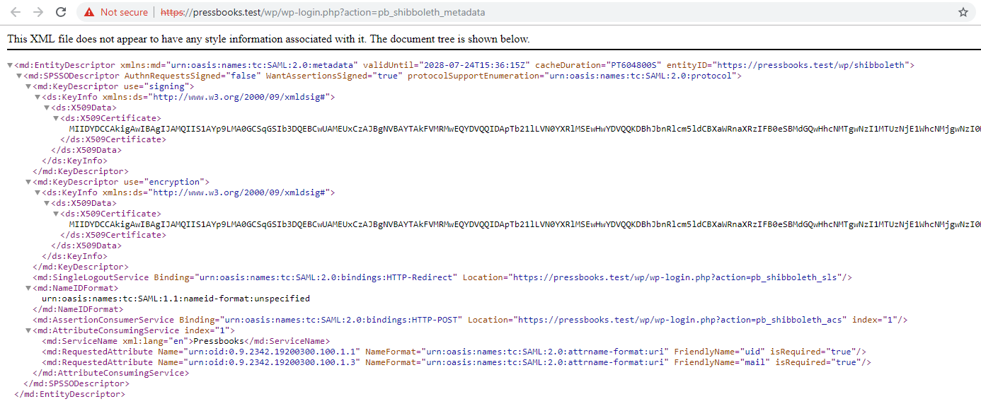 Screenshot of example Service Provider metadata