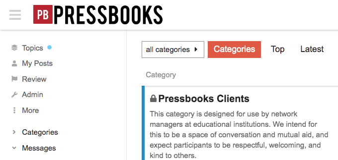 The private Pressbooks Clients group on the forum