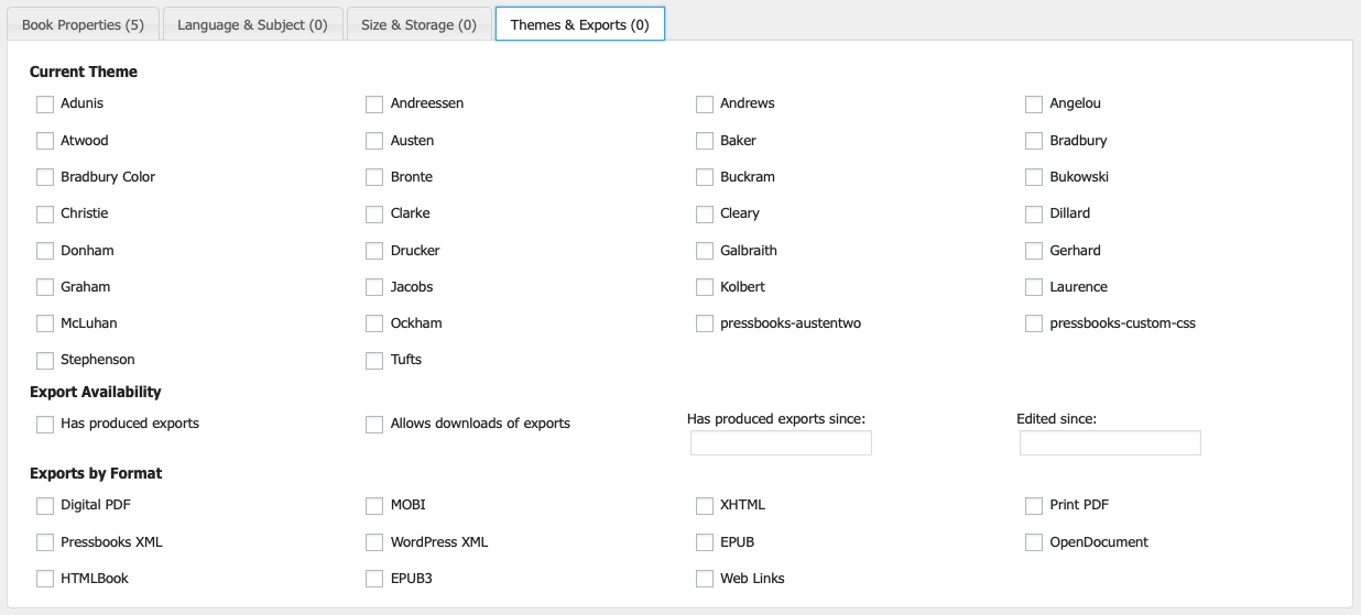 The Themes & Exports filter tab