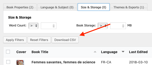 Download CSV button on the Book list