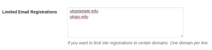 Screenshot showing limited email domain registrations for utopiastate.edu and utopu.edu in Pressbooks