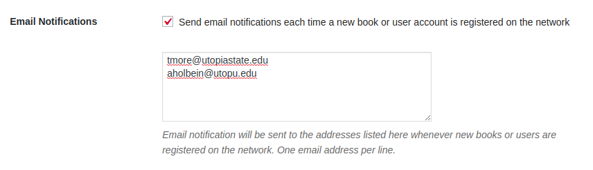 Sample email notification setting in Pressbooks with two example email addresses provided.