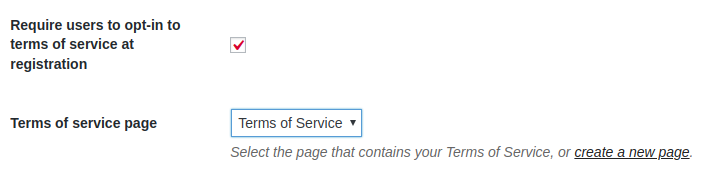 Pressbooks network settings with terms of service page selected