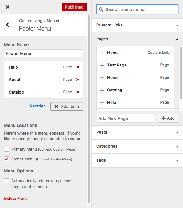 Screenshot for customizing your footer menu with different pages