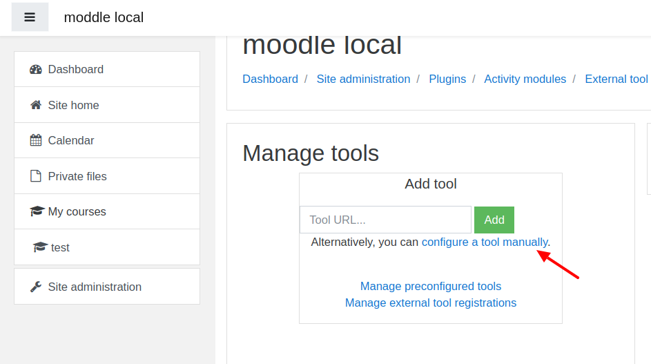 Configure a tool manually in Moodle menu