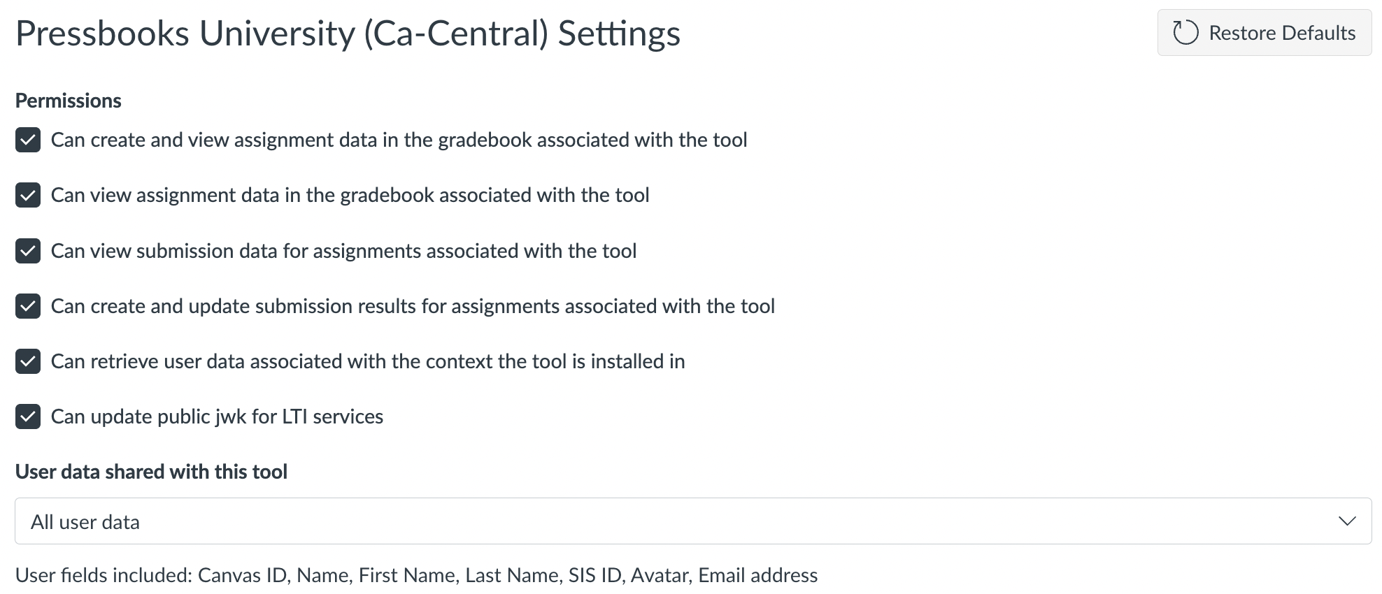 View of Permission settings in the Canvas developer key, with all settings selected.