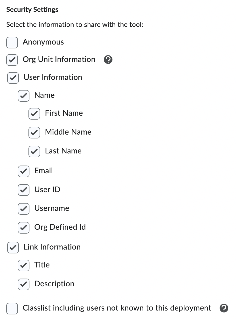 Screenshot of enabled D2L security settings as listed in the text of this chapter.