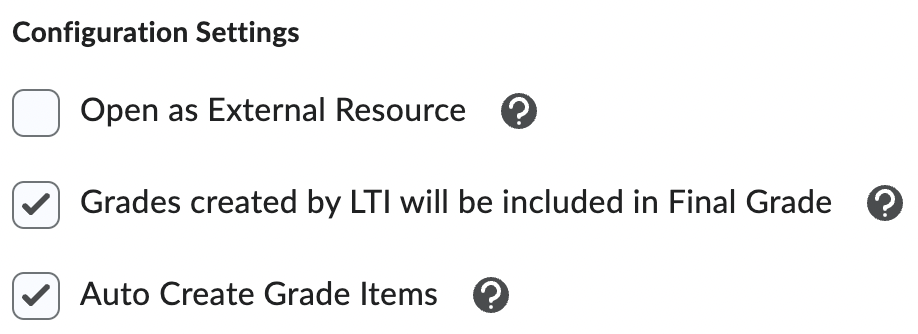 Screenshot of enabled D2L configuration settings as listed in the text of this chapter.