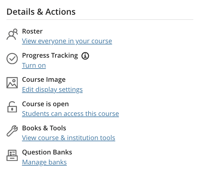 Details & Actions in Blackboard including the Books & Tools option.